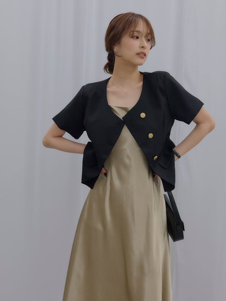 【SET】ゴールドボタンハーフスリーブジャケット+【Essential】Back open satin camisole dress(2set)