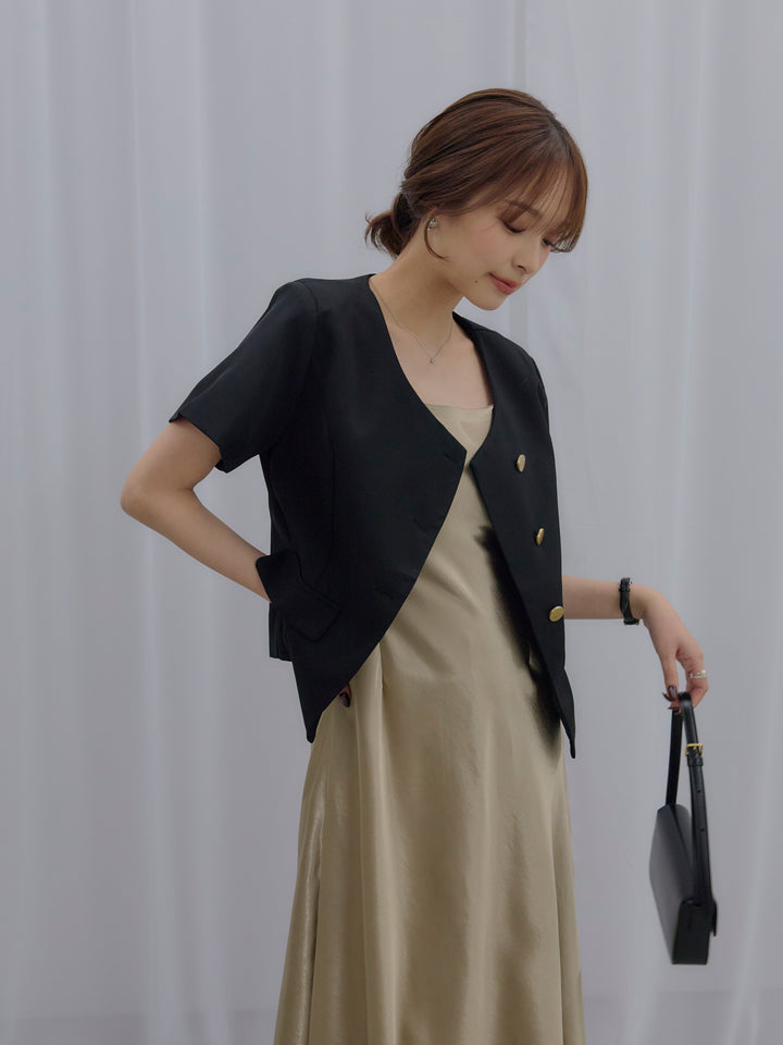 【SET】ゴールドボタンハーフスリーブジャケット+【Essential】Back open satin camisole dress(2set)