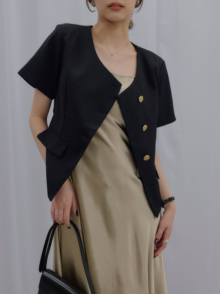 【SET】ゴールドボタンハーフスリーブジャケット+【Essential】Back open satin camisole dress(2set)