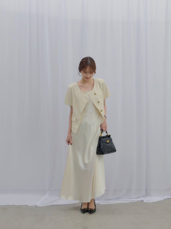 【SET】ゴールドボタンハーフスリーブジャケット+【Essential】Back open satin camisole dress(2set)