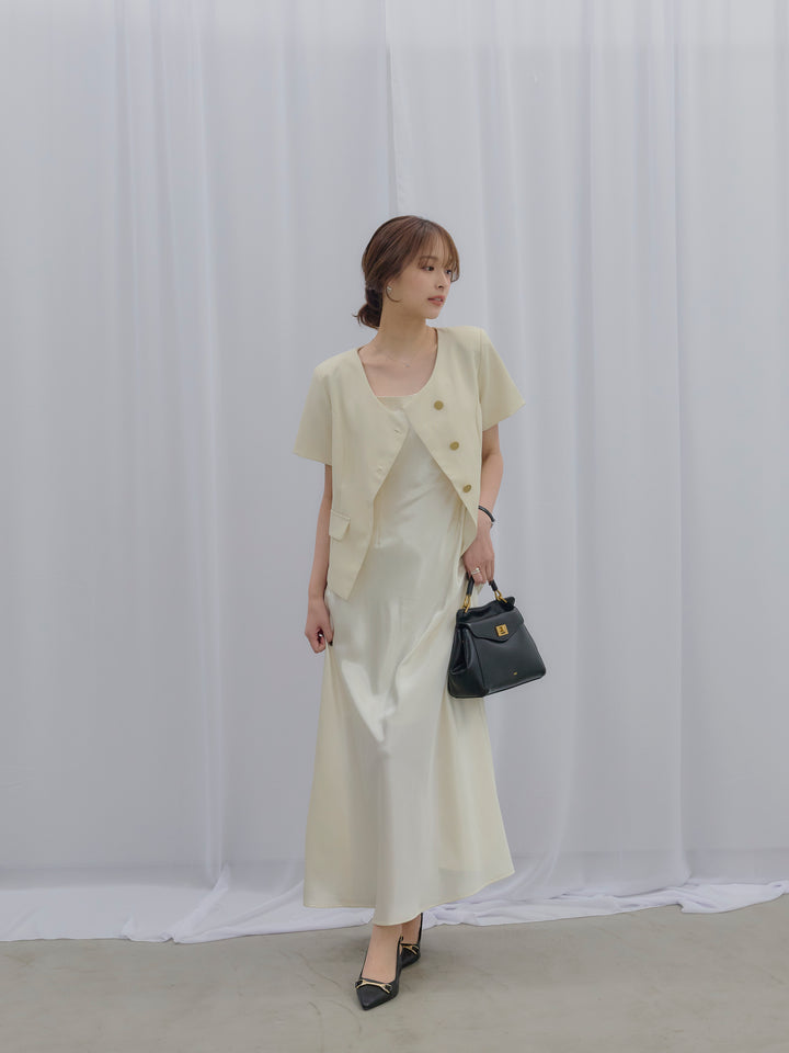 【SET】ゴールドボタンハーフスリーブジャケット+【Essential】Back open satin camisole dress(2set)