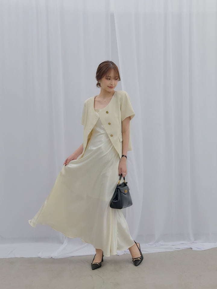 【SET】ゴールドボタンハーフスリーブジャケット+【Essential】Back open satin camisole dress(2set)