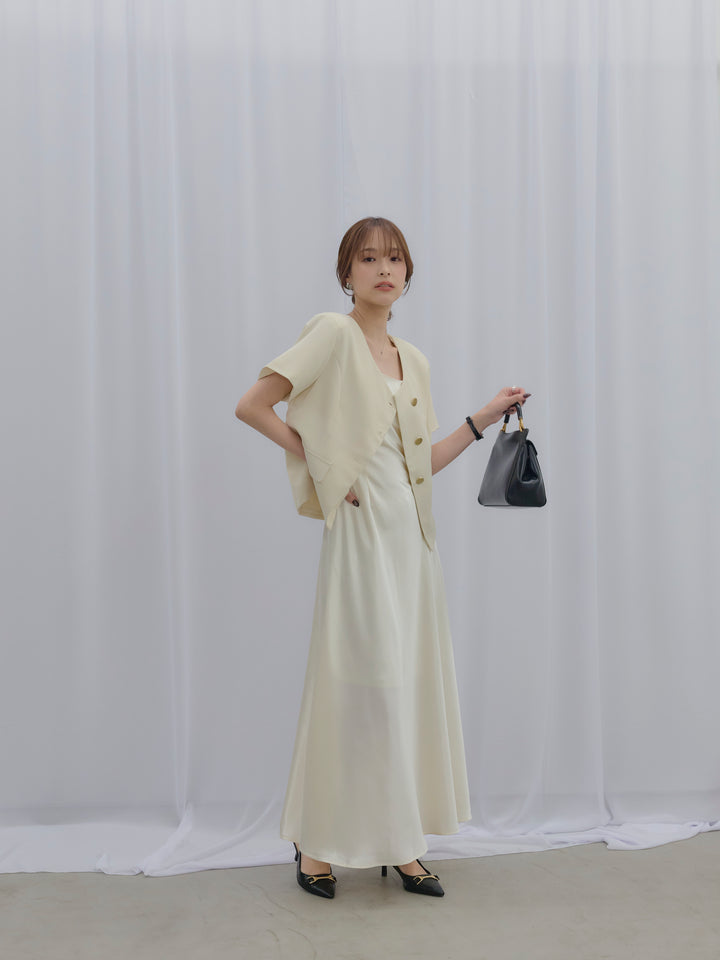 【SET】ゴールドボタンハーフスリーブジャケット+【Essential】Back open satin camisole dress(2set)