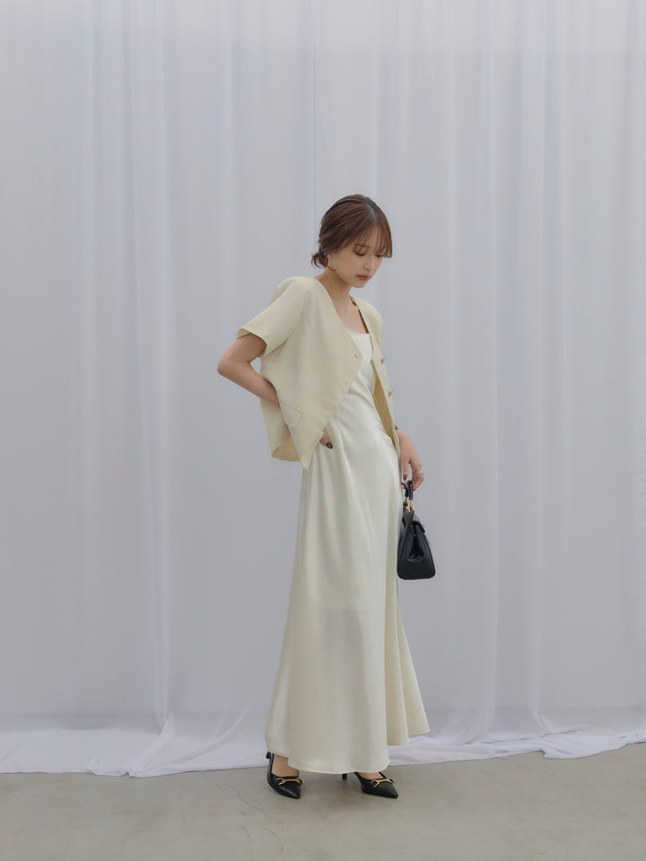 【SET】ゴールドボタンハーフスリーブジャケット+【Essential】Back open satin camisole dress(2set)
