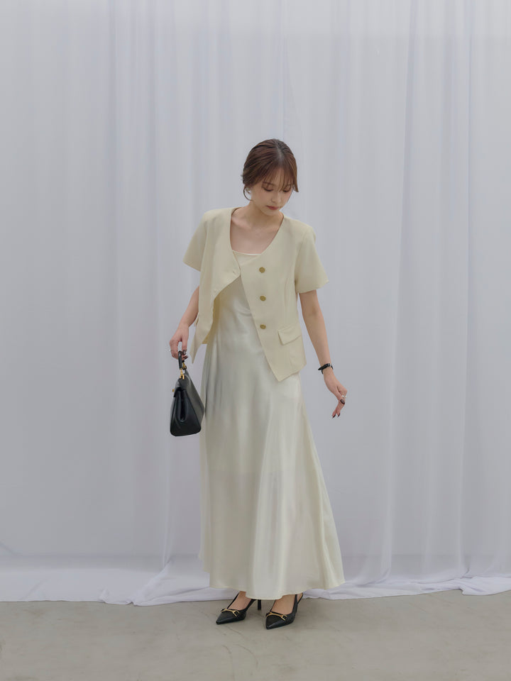 【SET】ゴールドボタンハーフスリーブジャケット+【Essential】Back open satin camisole dress(2set)