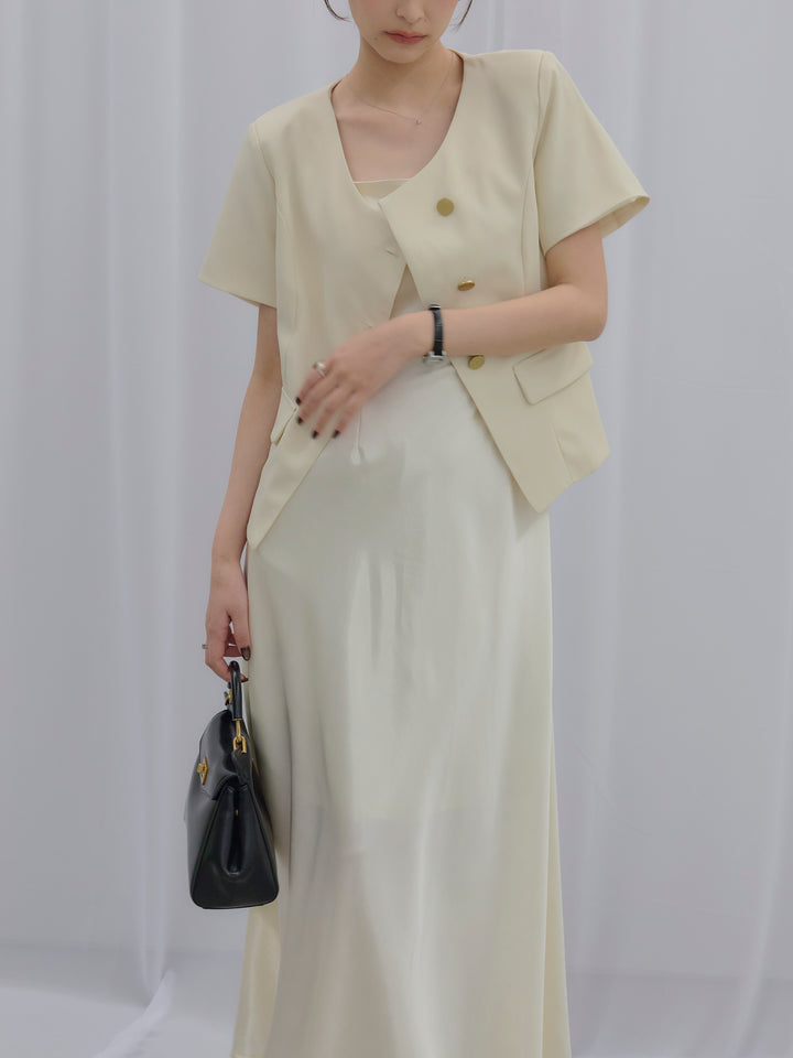 【SET】ゴールドボタンハーフスリーブジャケット+【Essential】Back open satin camisole dress(2set)