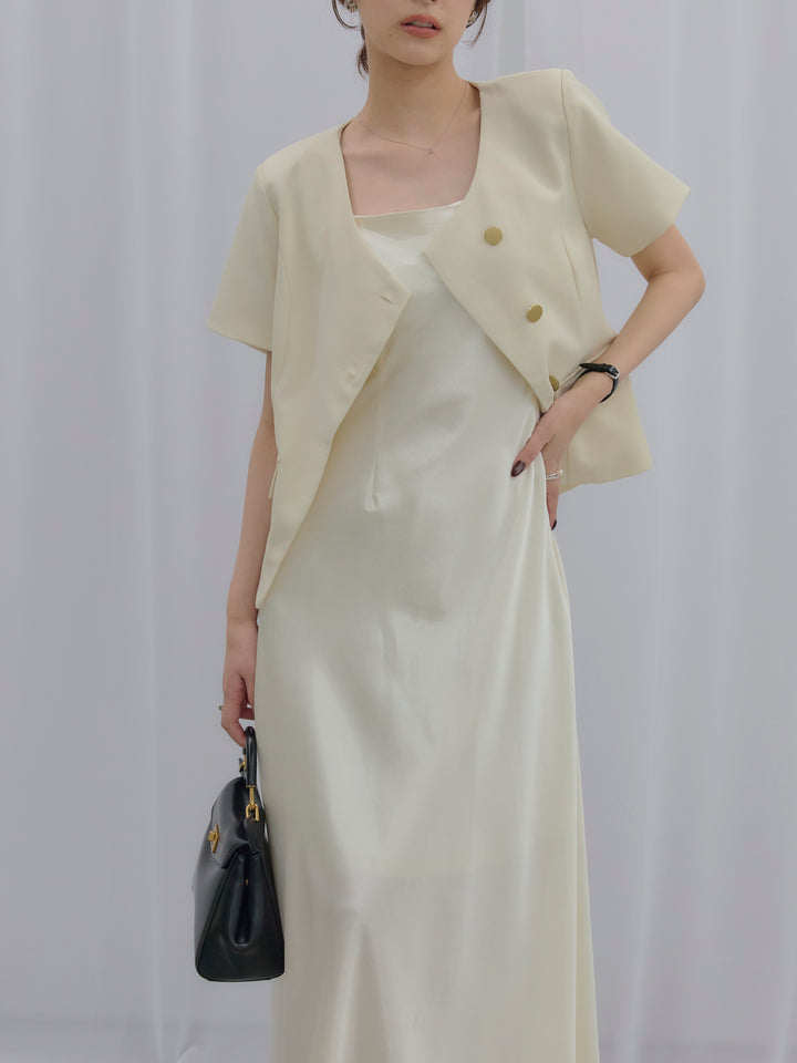 【SET】ゴールドボタンハーフスリーブジャケット+【Essential】Back open satin camisole dress(2set)