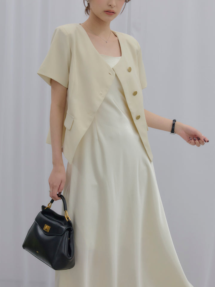 【SET】ゴールドボタンハーフスリーブジャケット+【Essential】Back open satin camisole dress(2set)