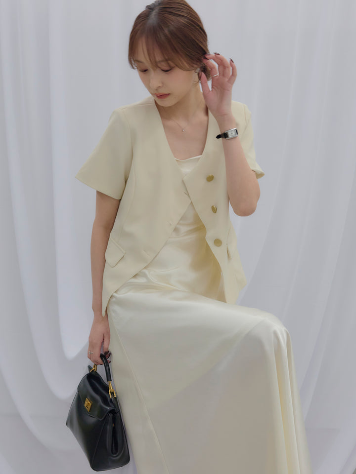 【SET】ゴールドボタンハーフスリーブジャケット+【Essential】Back open satin camisole dress(2set)