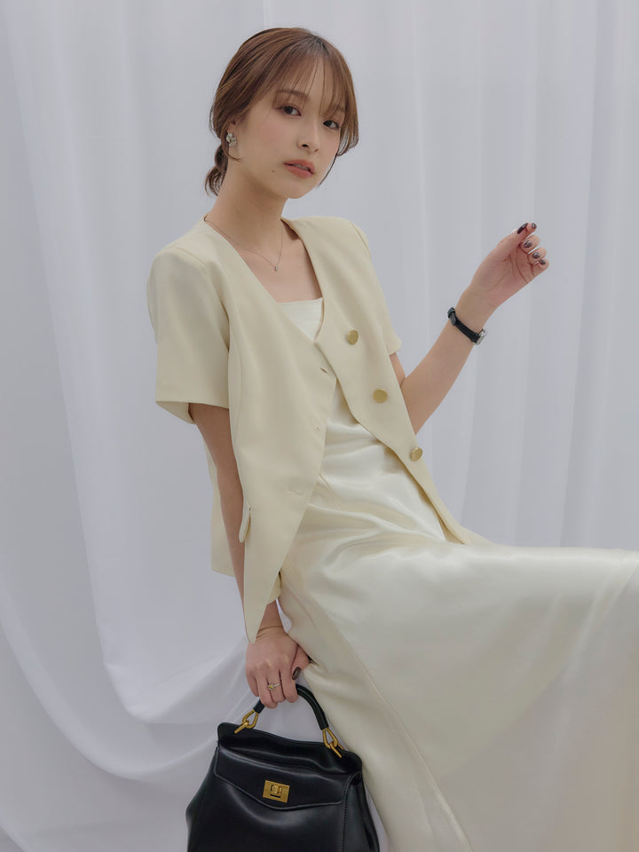【SET】ゴールドボタンハーフスリーブジャケット+【Essential】Back open satin camisole dress(2set)