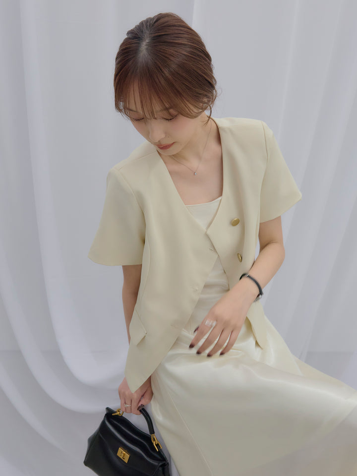 【SET】ゴールドボタンハーフスリーブジャケット+【Essential】Back open satin camisole dress(2set)