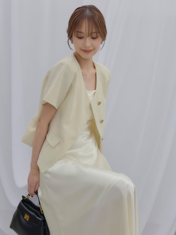 【SET】ゴールドボタンハーフスリーブジャケット+【Essential】Back open satin camisole dress(2set)