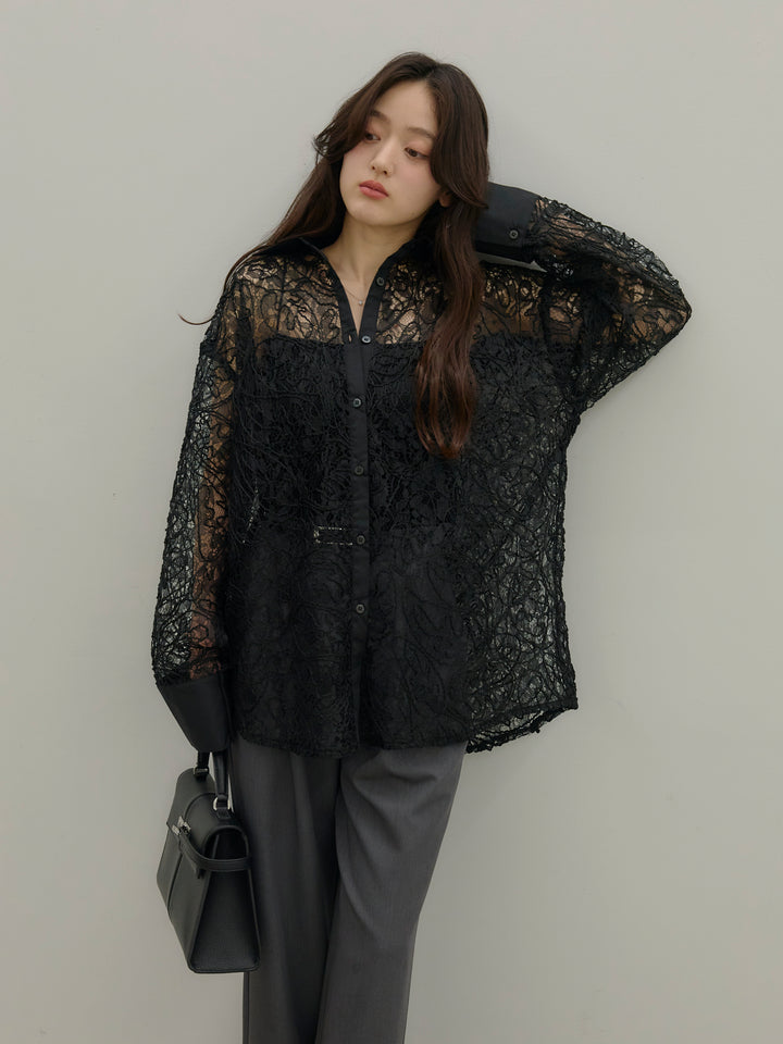 【SET】刺繍レースオーバーシャツ+【Essential】Authentic straight pants(2set)