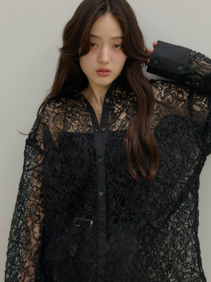 【SET】刺繍レースオーバーシャツ+【Essential】Authentic straight pants(2set)