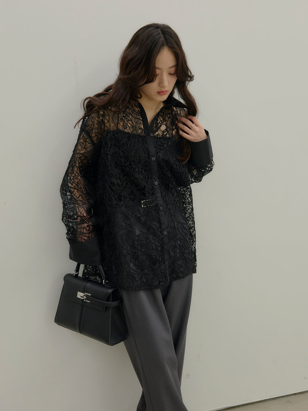 【SET】刺繍レースオーバーシャツ+【Essential】Authentic straight pants(2set)