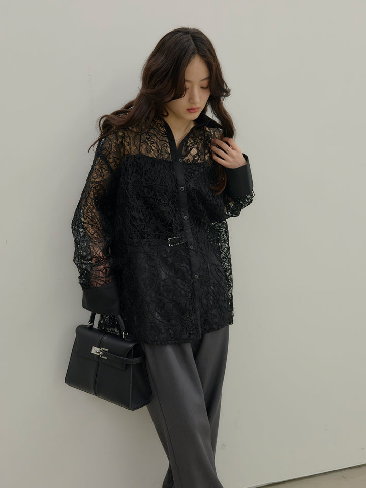 【SET】刺繍レースオーバーシャツ+【Essential】Authentic straight pants(2set)