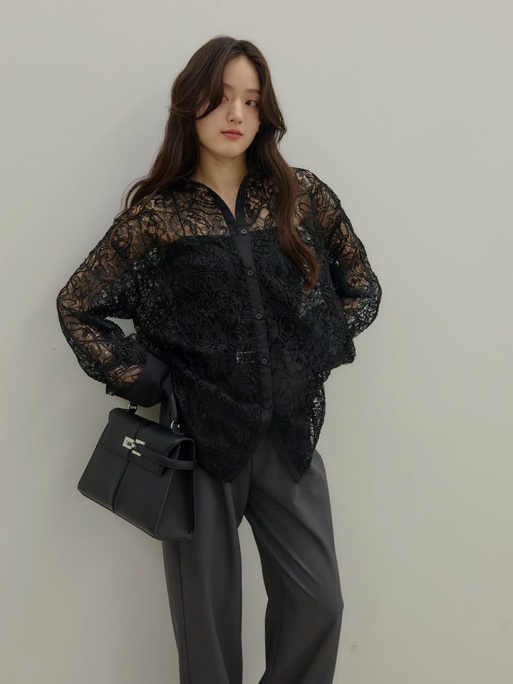 【SET】刺繍レースオーバーシャツ+【Essential】Authentic straight pants(2set)