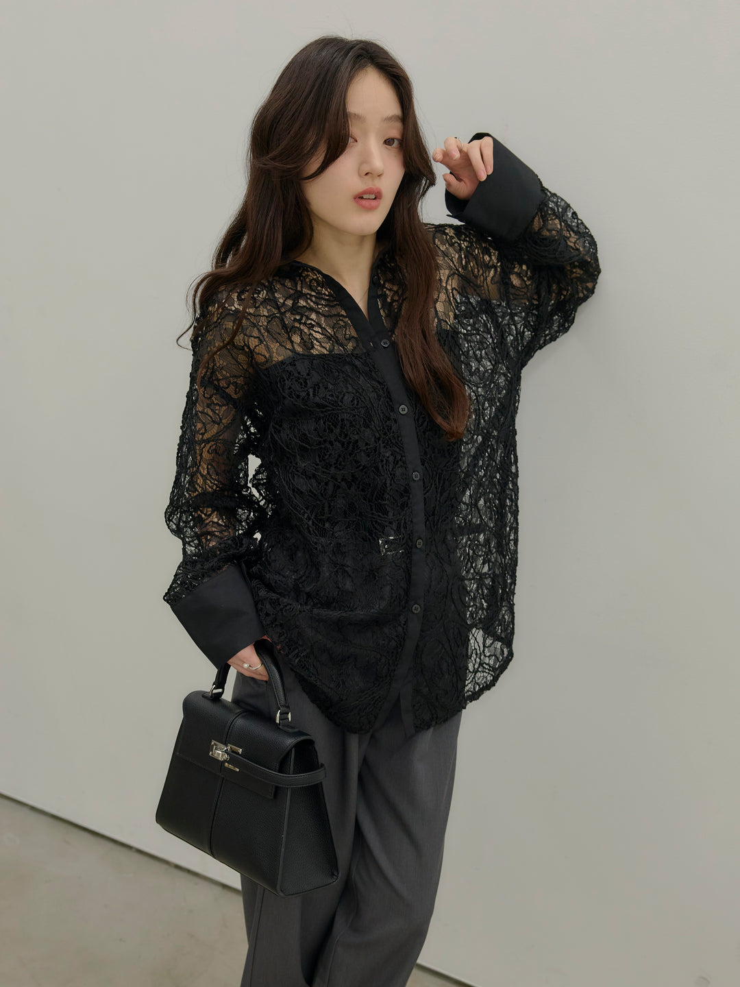 【SET】刺繍レースオーバーシャツ+【Essential】Authentic straight pants(2set)