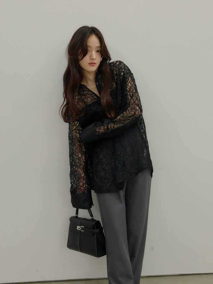 【SET】刺繍レースオーバーシャツ+【Essential】Authentic straight pants(2set)