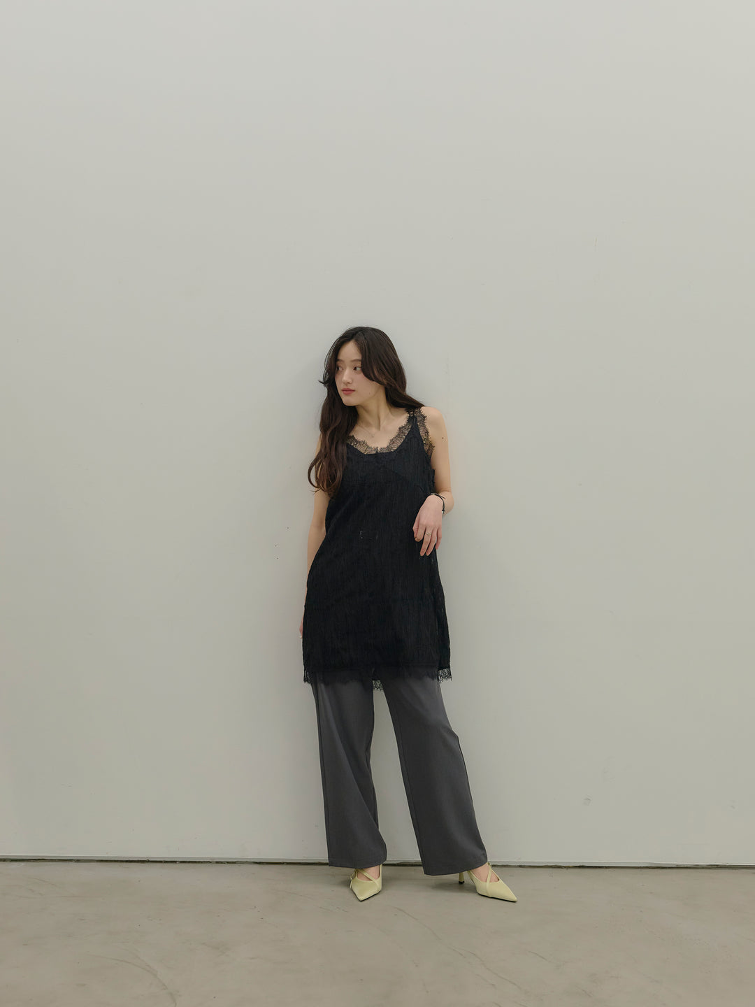 【SET】デザインレースチュニックミニドレス+【Essential】Authentic straight pants(2set)