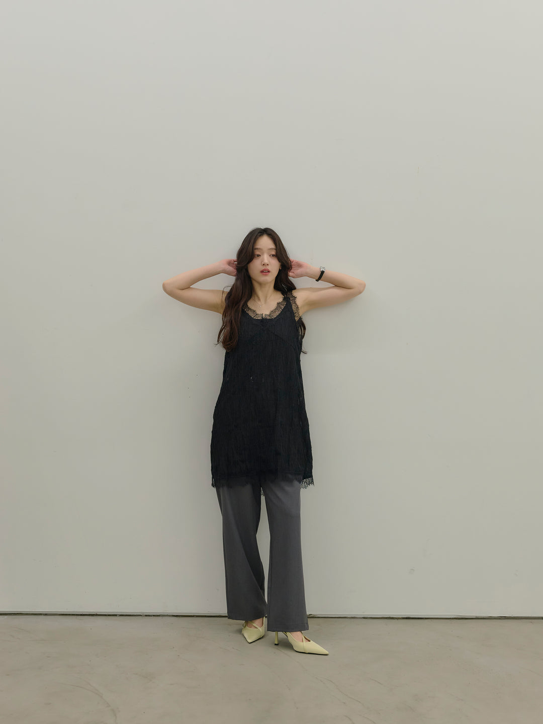 【SET】デザインレースチュニックミニドレス+【Essential】Authentic straight pants(2set)