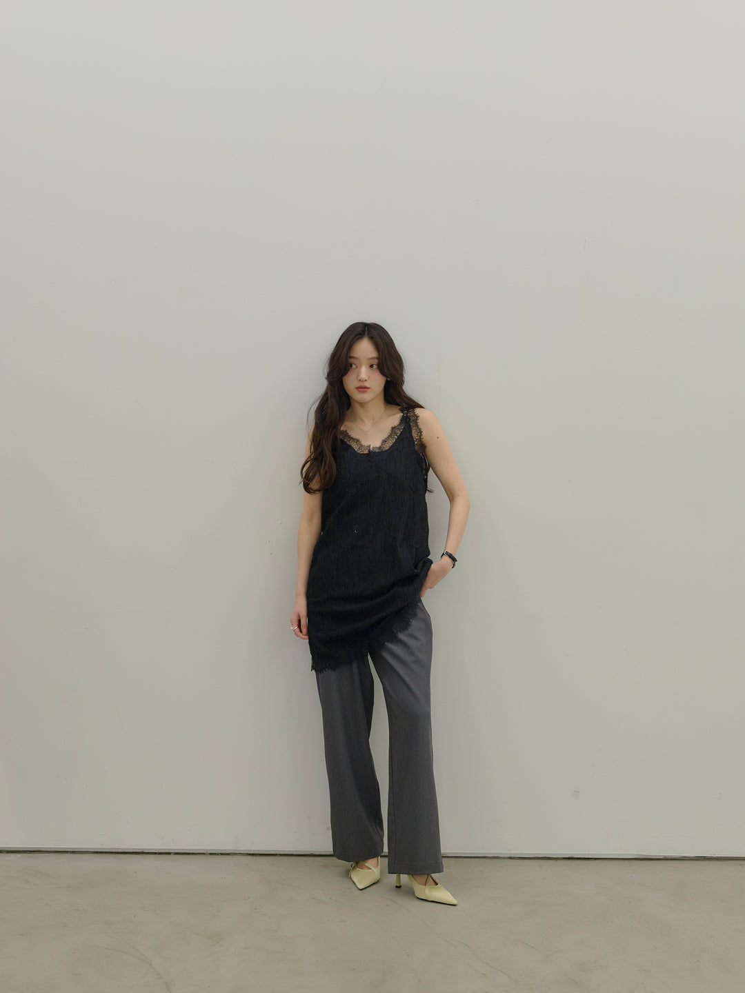 【SET】デザインレースチュニックミニドレス+【Essential】Authentic straight pants(2set)
