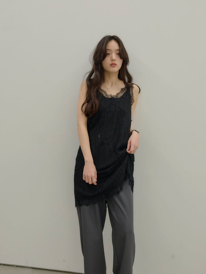 【SET】デザインレースチュニックミニドレス+【Essential】Authentic straight pants(2set)