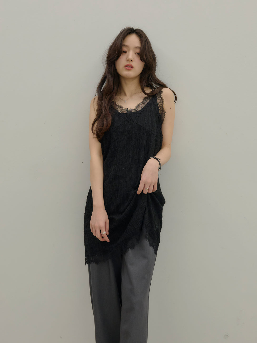 【SET】デザインレースチュニックミニドレス+【Essential】Authentic straight pants(2set)