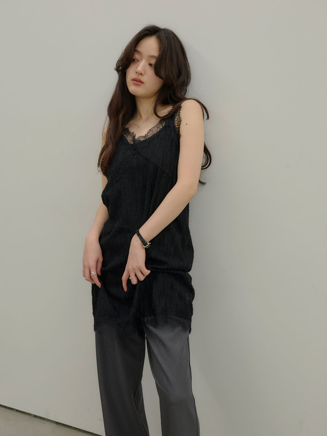 【SET】デザインレースチュニックミニドレス+【Essential】Authentic straight pants(2set)