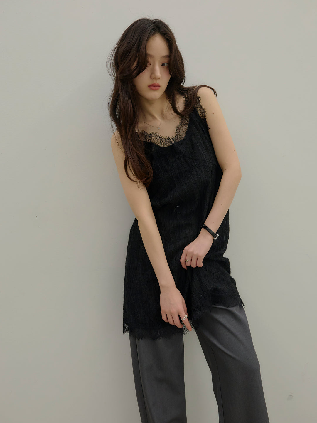 【SET】デザインレースチュニックミニドレス+【Essential】Authentic straight pants(2set)