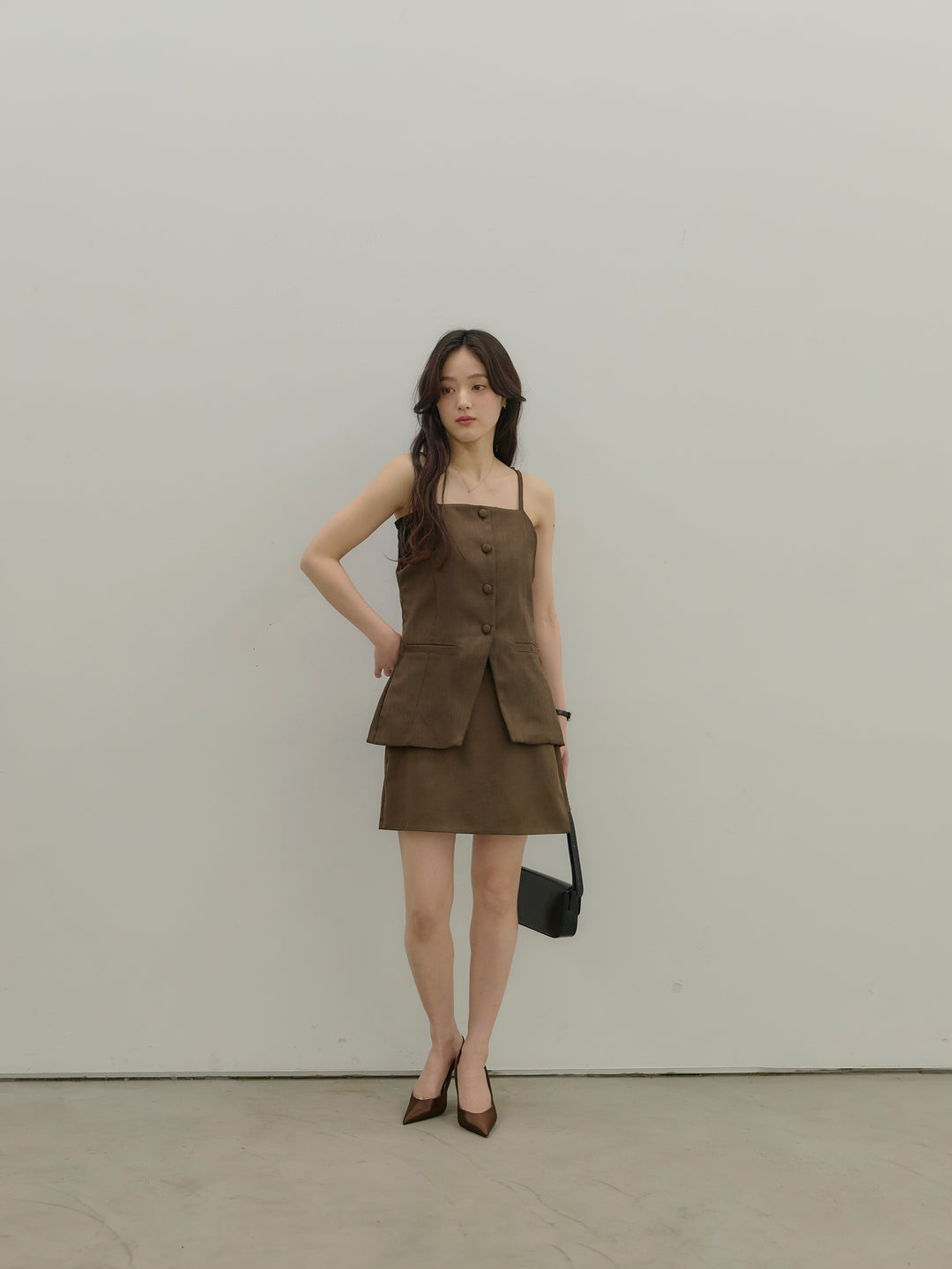 【SET】フロントボタンキャミビスチェ+ツイルミニスコート(2set)