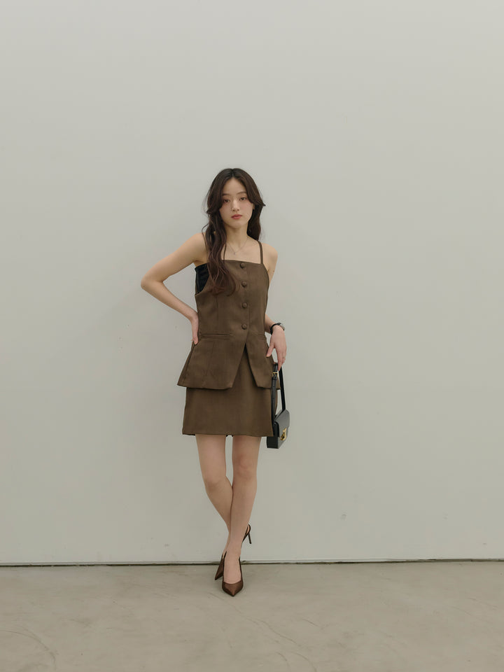 【SET】フロントボタンキャミビスチェ+ツイルミニスコート(2set)