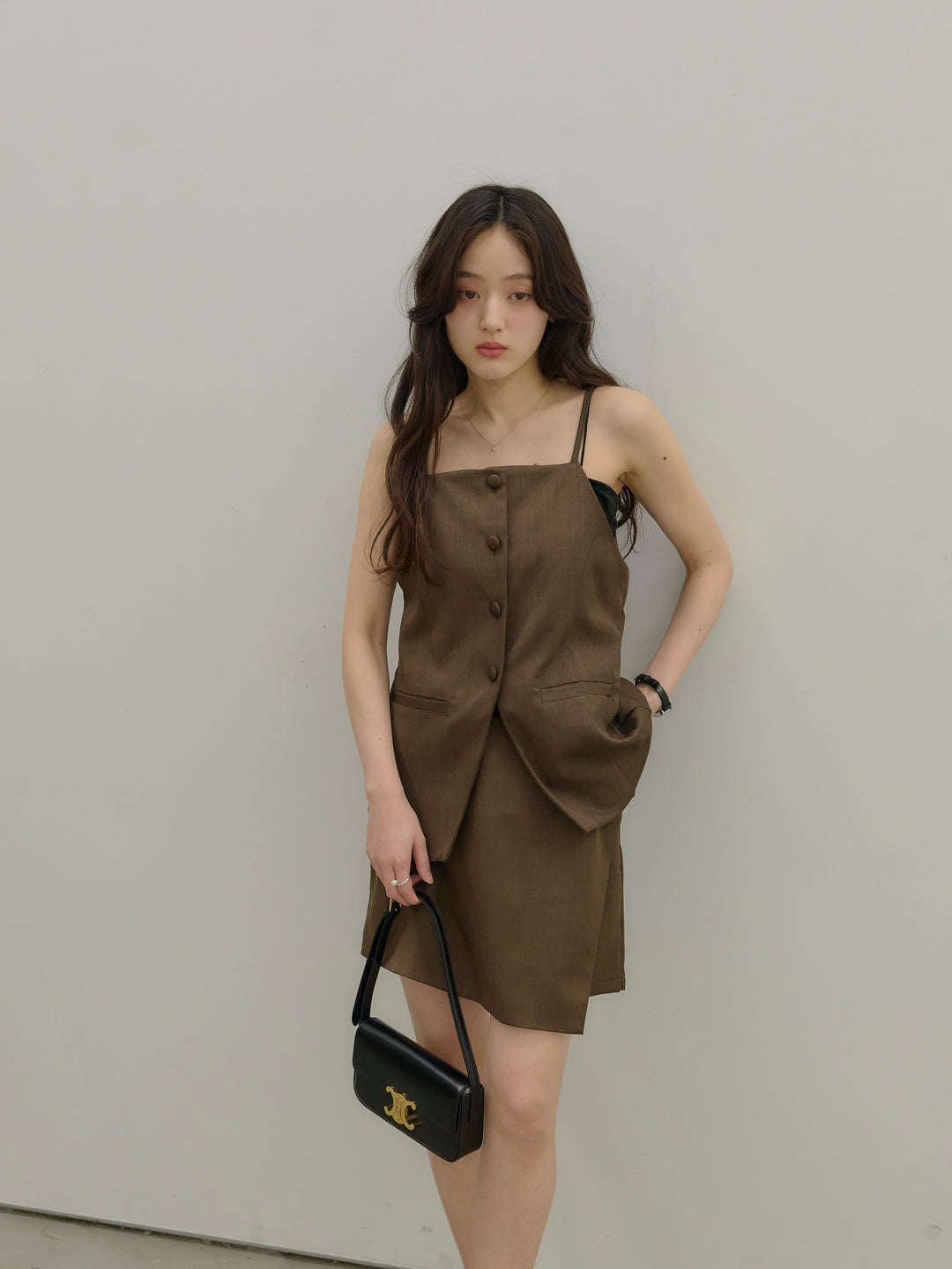 【SET】フロントボタンキャミビスチェ+ツイルミニスコート(2set)