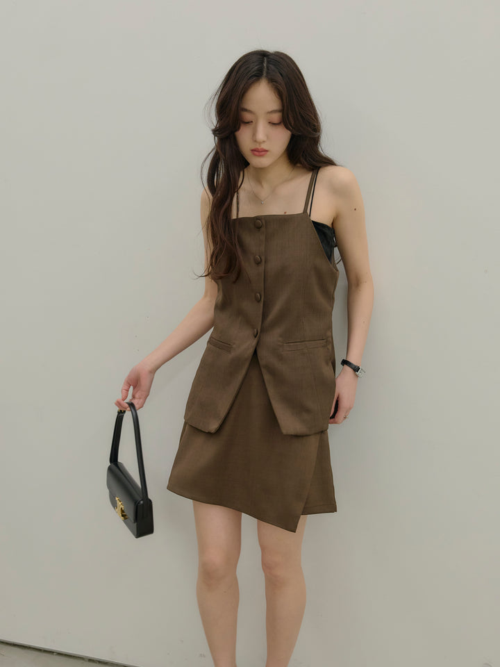 【SET】フロントボタンキャミビスチェ+ツイルミニスコート(2set)