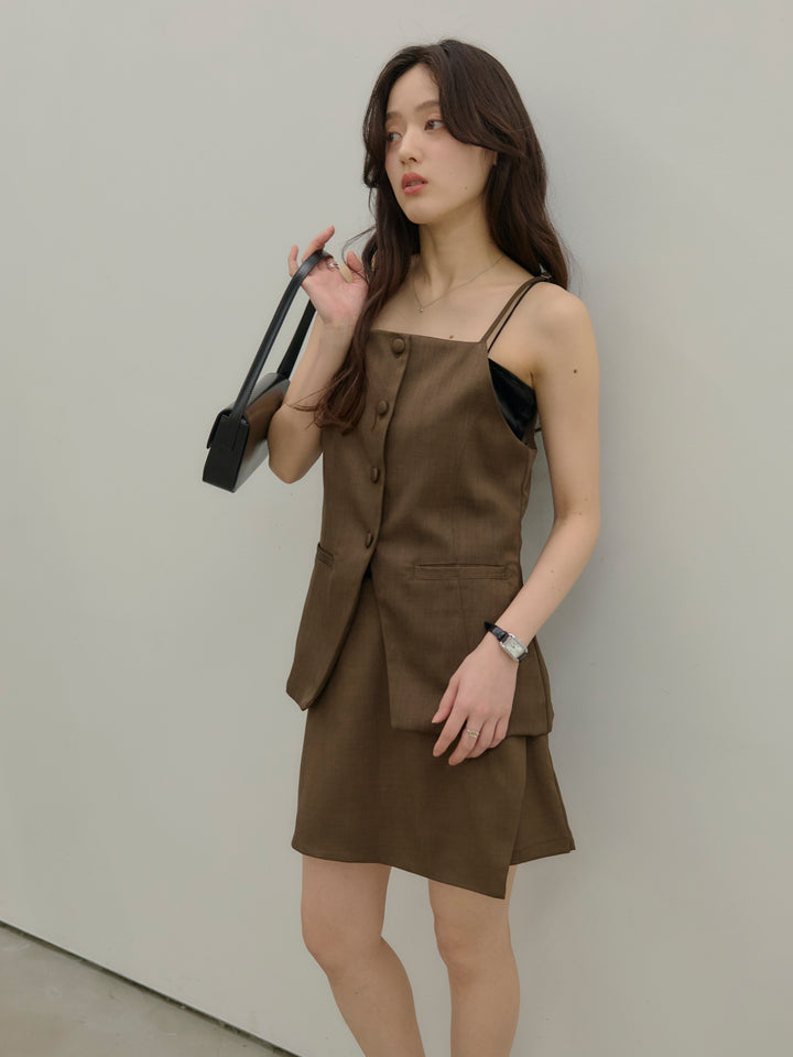 【SET】フロントボタンキャミビスチェ+ツイルミニスコート(2set)