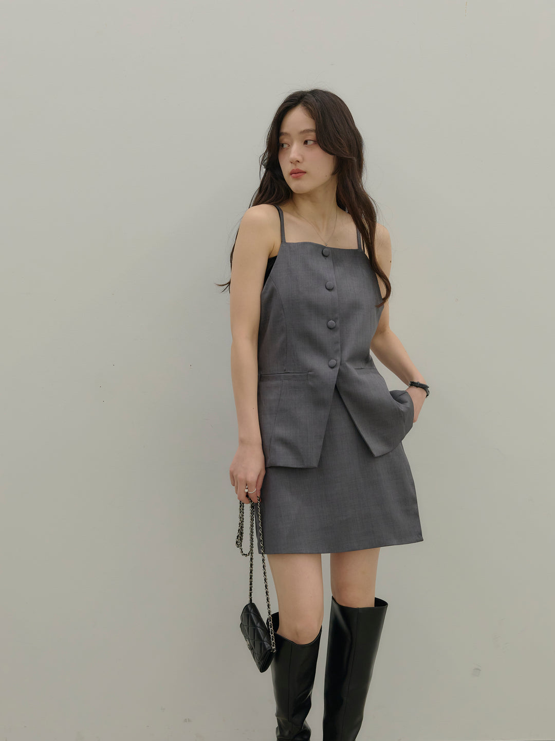 【SET】フロントボタンキャミビスチェ+ツイルミニスコート(2set)