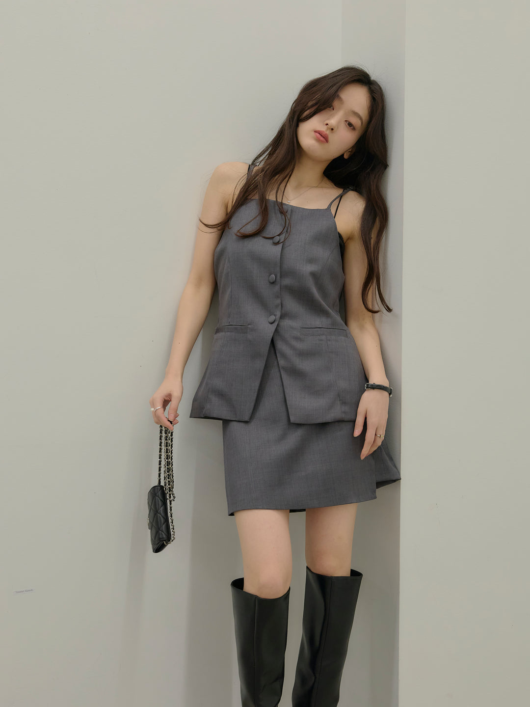 【SET】フロントボタンキャミビスチェ+ツイルミニスコート(2set)