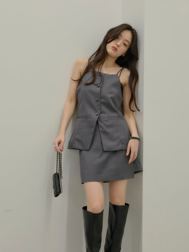 【SET】フロントボタンキャミビスチェ+ツイルミニスコート(2set)