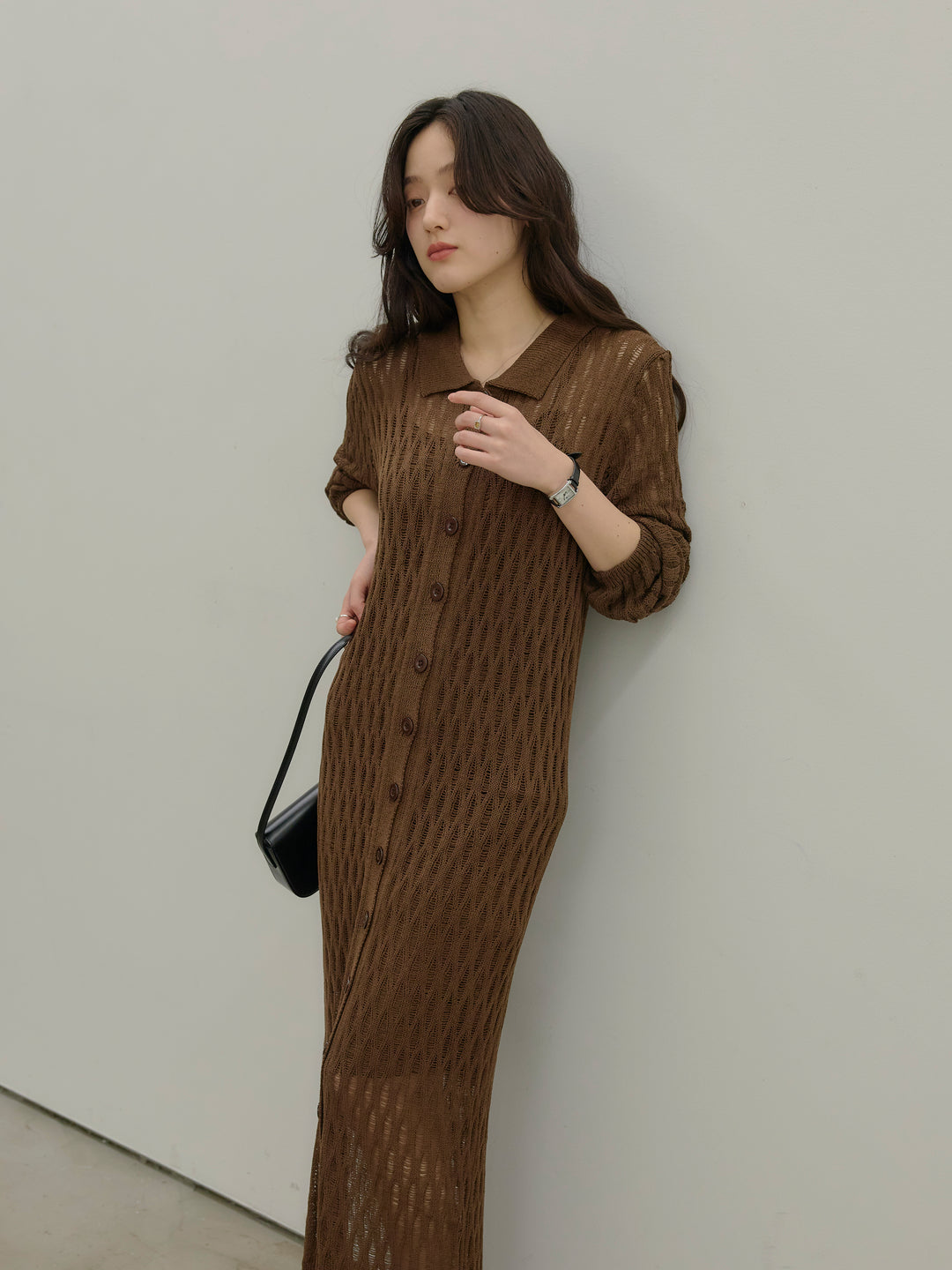 透かし編み襟付きニットドレス(インナーミニワンピ付き)