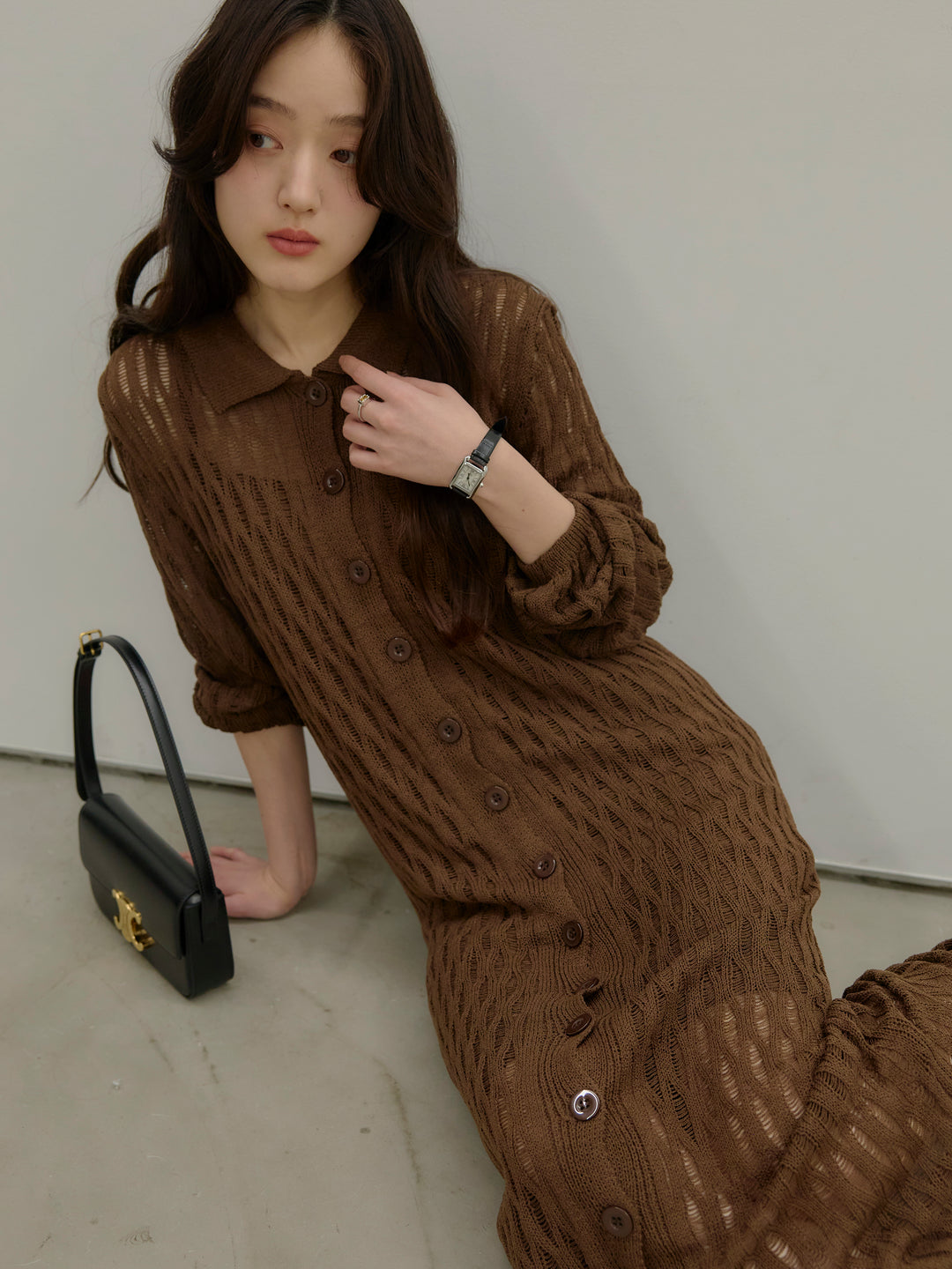 透かし編み襟付きニットドレス(インナーミニワンピ付き)