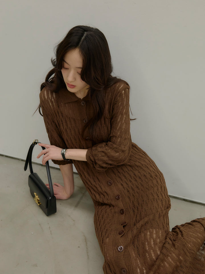 透かし編み襟付きニットドレス(インナーミニワンピ付き)