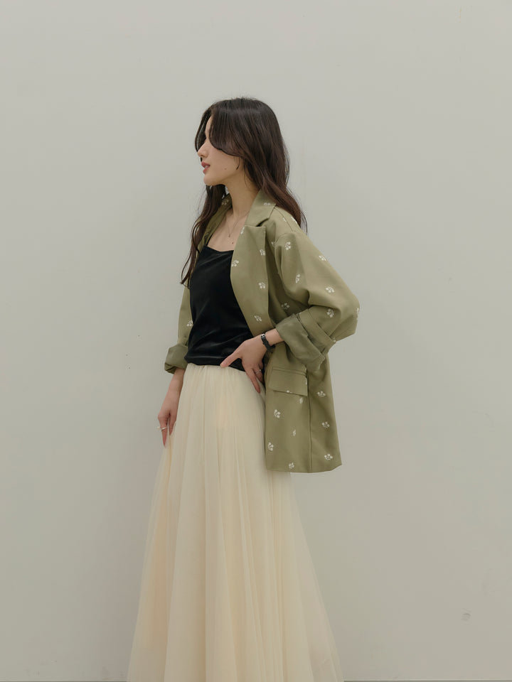 【SET】フラワー刺繍テーラードジャケット+ボリュームチュールスカート(2set)
