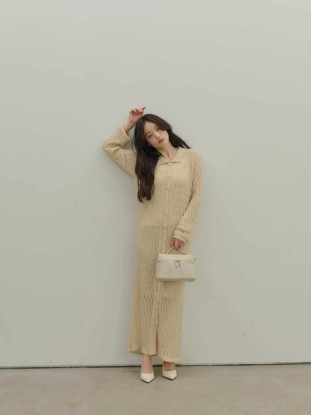 透かし編み襟付きニットドレス(インナーミニワンピ付き)