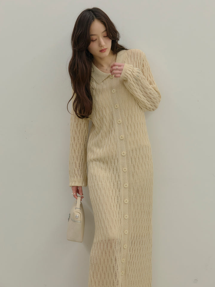 透かし編み襟付きニットドレス(インナーミニワンピ付き)