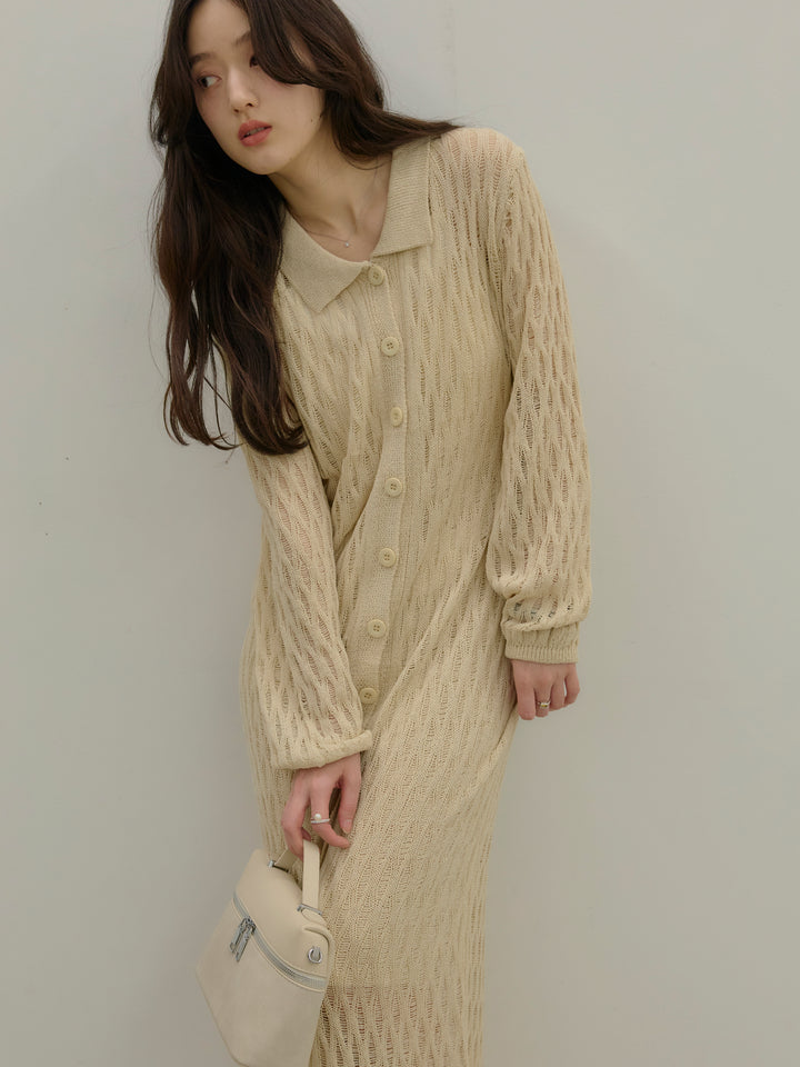 透かし編み襟付きニットドレス(インナーミニワンピ付き)