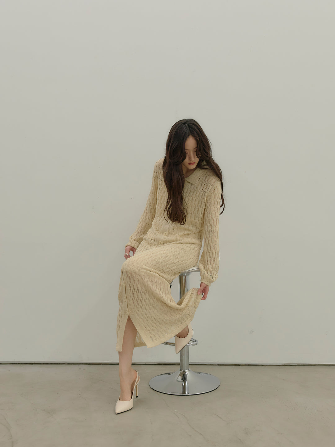 透かし編み襟付きニットドレス(インナーミニワンピ付き)