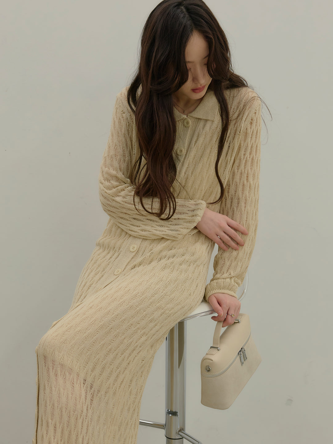 透かし編み襟付きニットドレス(インナーミニワンピ付き)