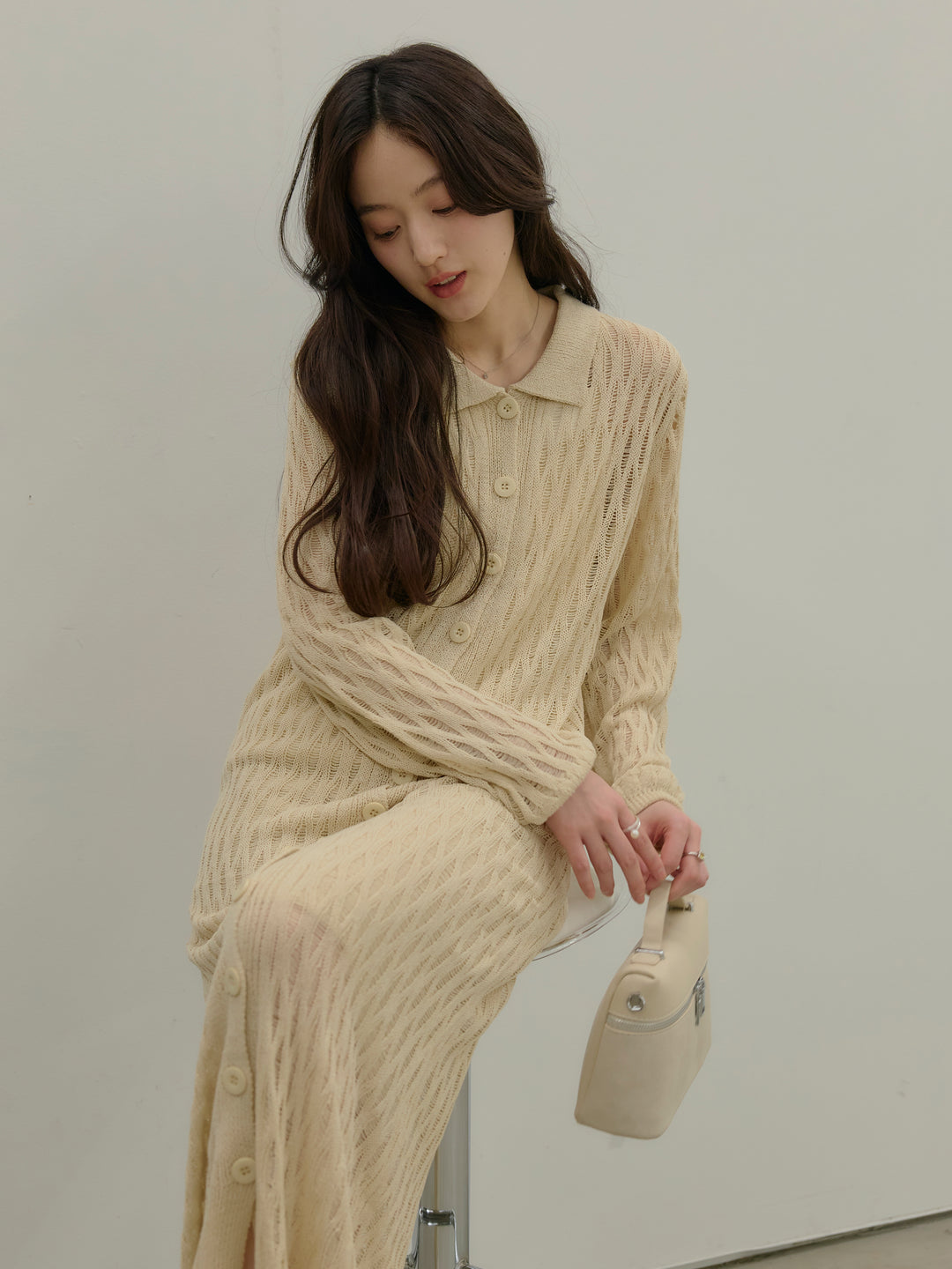 透かし編み襟付きニットドレス(インナーミニワンピ付き)