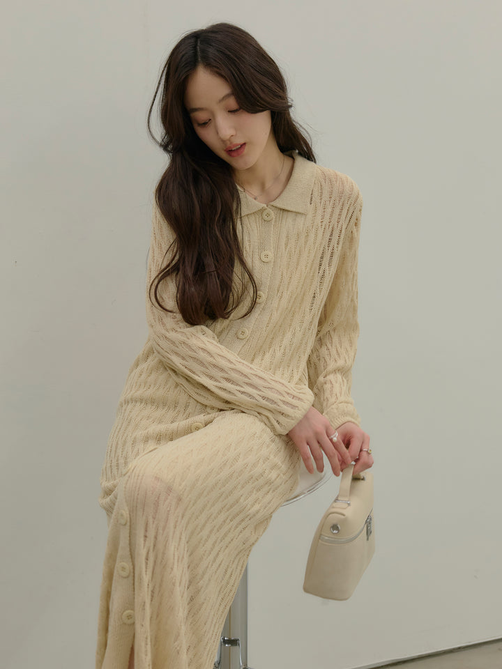 透かし編み襟付きニットドレス(インナーミニワンピ付き)