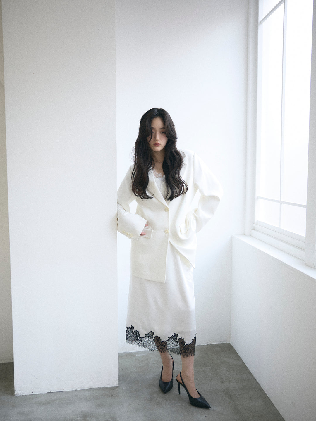 【SET】【Essential】Authentic jacket+裾レースサテンミディスカート(2set)